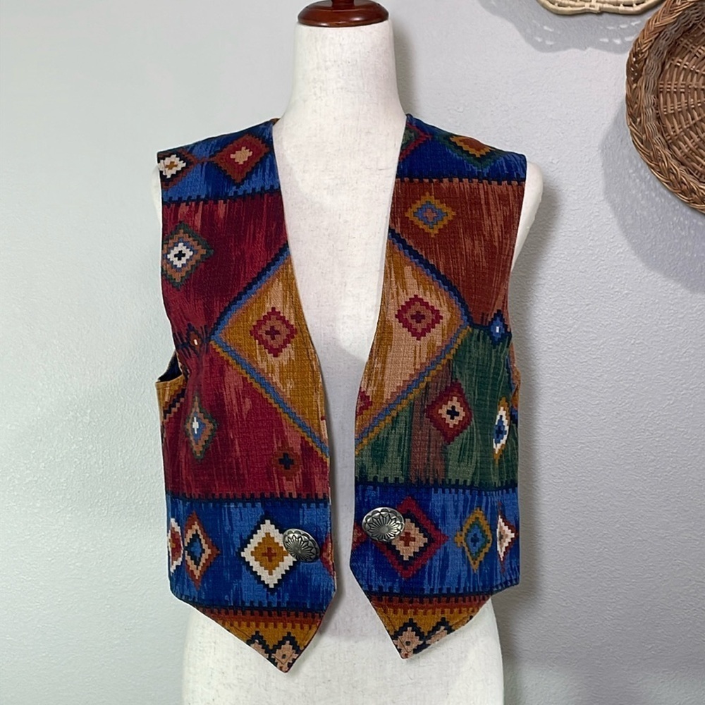 Colorful Patchwork Southwest Print Vintage 90s Coldwater Creek Vest Size Medium